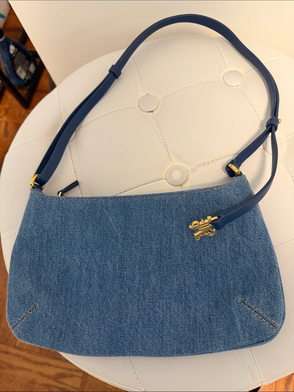 Palm Angels Denim Shoulder Bag with Blue Strap and Gold Logo